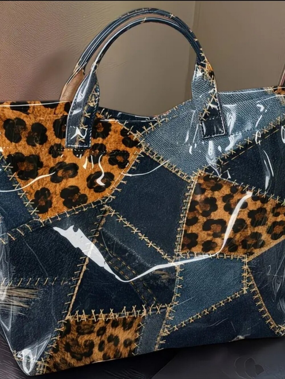 Safari Denim Patch Look PVC Tote Shoulder Bag - Picture 3 of 8